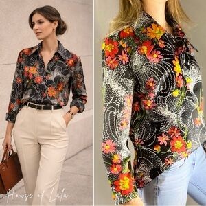 VINTAGE Dagger Collars Black Floral Half Button Down Top Marjorie Hamilton